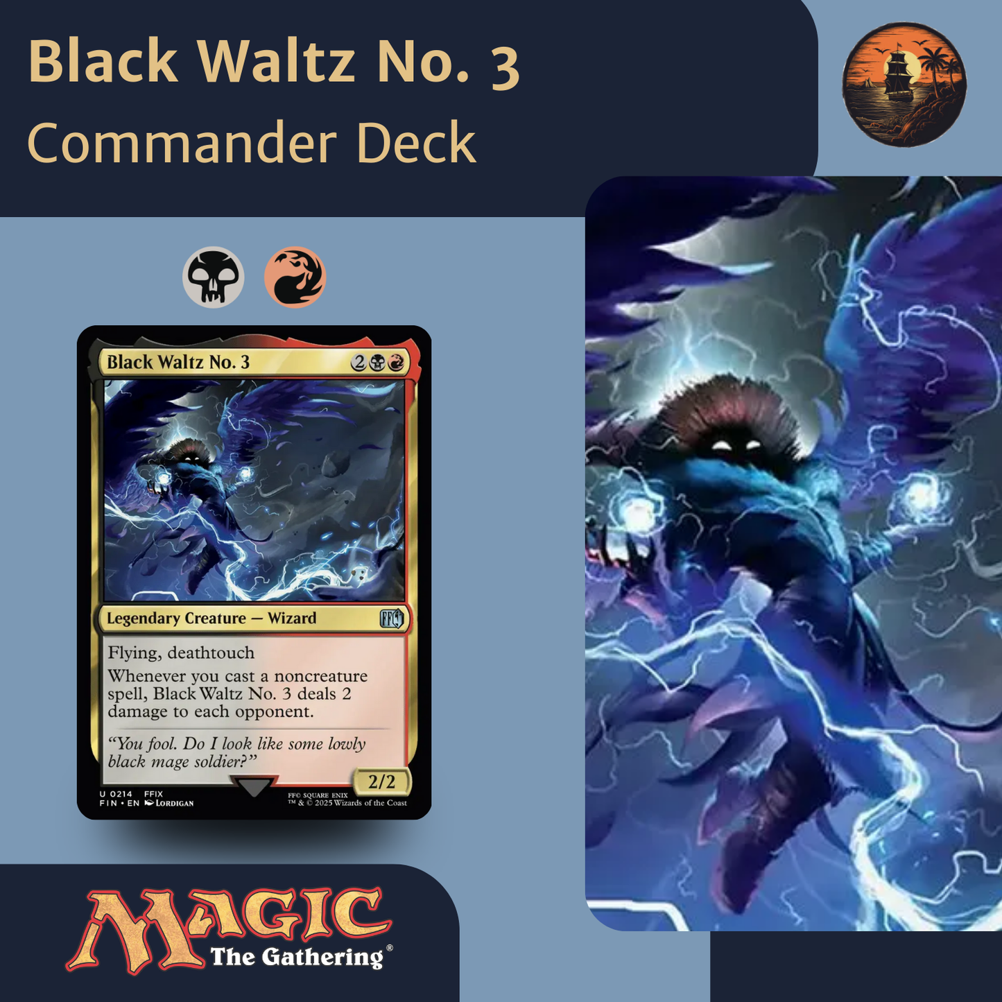 Card featuring 'Black Waltz No. 3' from Magic: The Gathering with a dragon illustration on a blue background.
