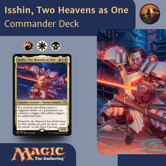 Card featuring 'Isshin, Two Heavens as One' from Magic: The Gathering with character illustration on a blue background.