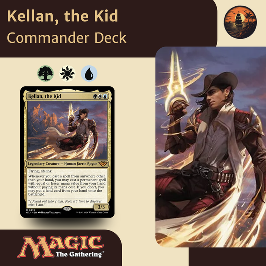 Card featuring 'Kellan, the Kid' from 'Magic: The Gathering' with character illustration and game text.