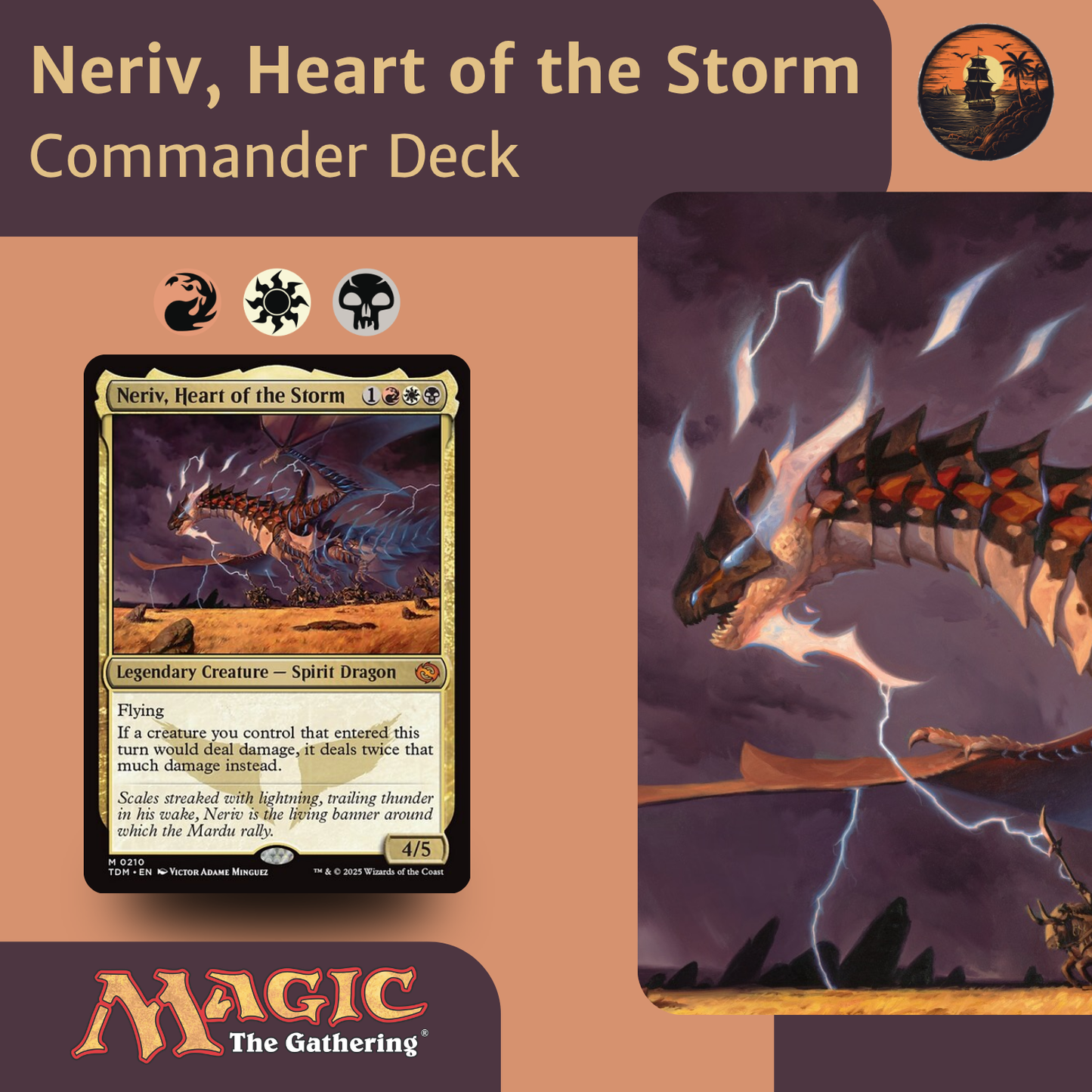 Card featuring 'Neriv, Heart of the Storm' from 'Magic: The Gathering' with dragon illustration and game symbols.
