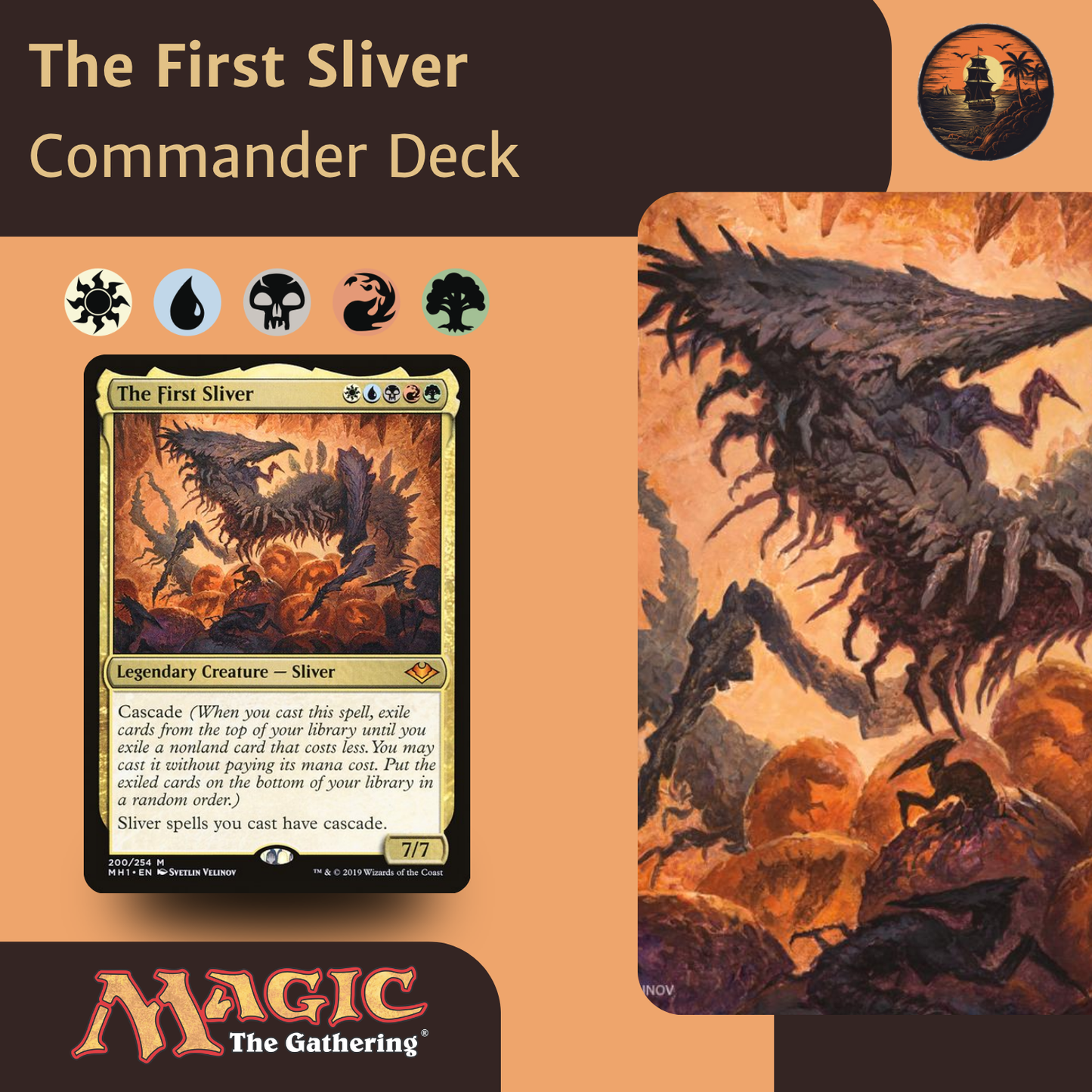 Card from 'The First Sliver' Commander Deck with dragon illustration on an orange background