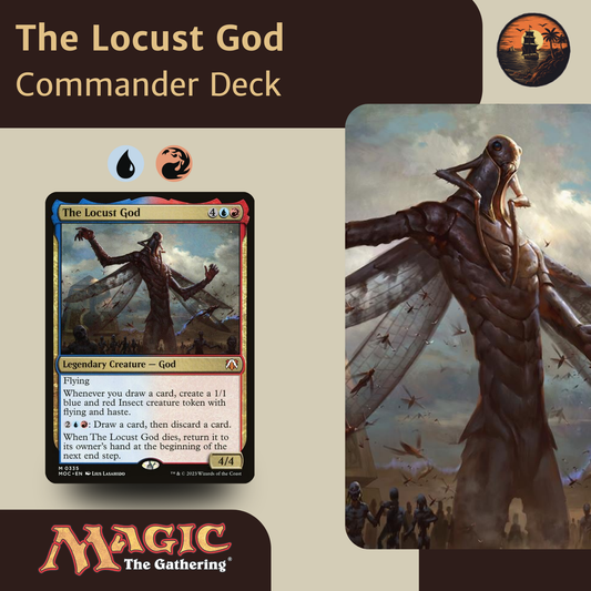 Card featuring 'The Locust God' from 'Magic: The Gathering' with game text and artwork.
