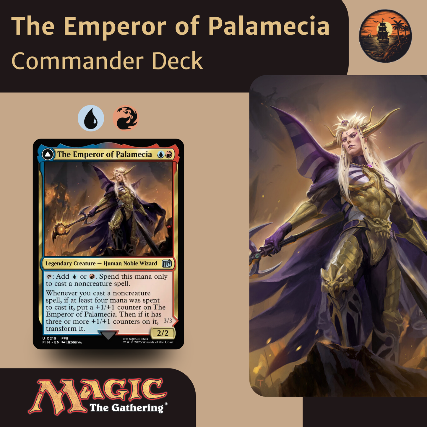 Card featuring 'The Emperor of Palamecia' from 'Magic: The Gathering' with character illustration on a beige background.