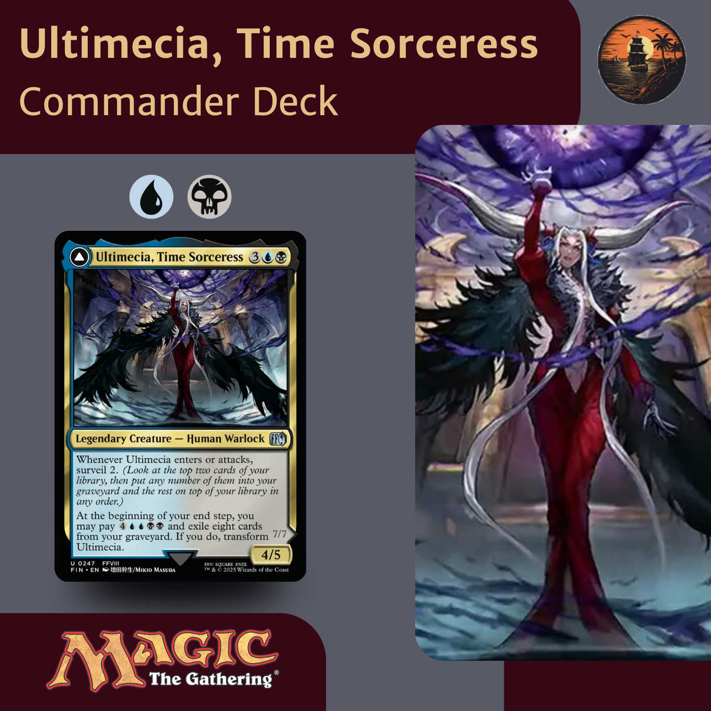 Card featuring 'Ultimecia, Time Sorceress' from 'Magic: The Gathering' with artwork and branding.