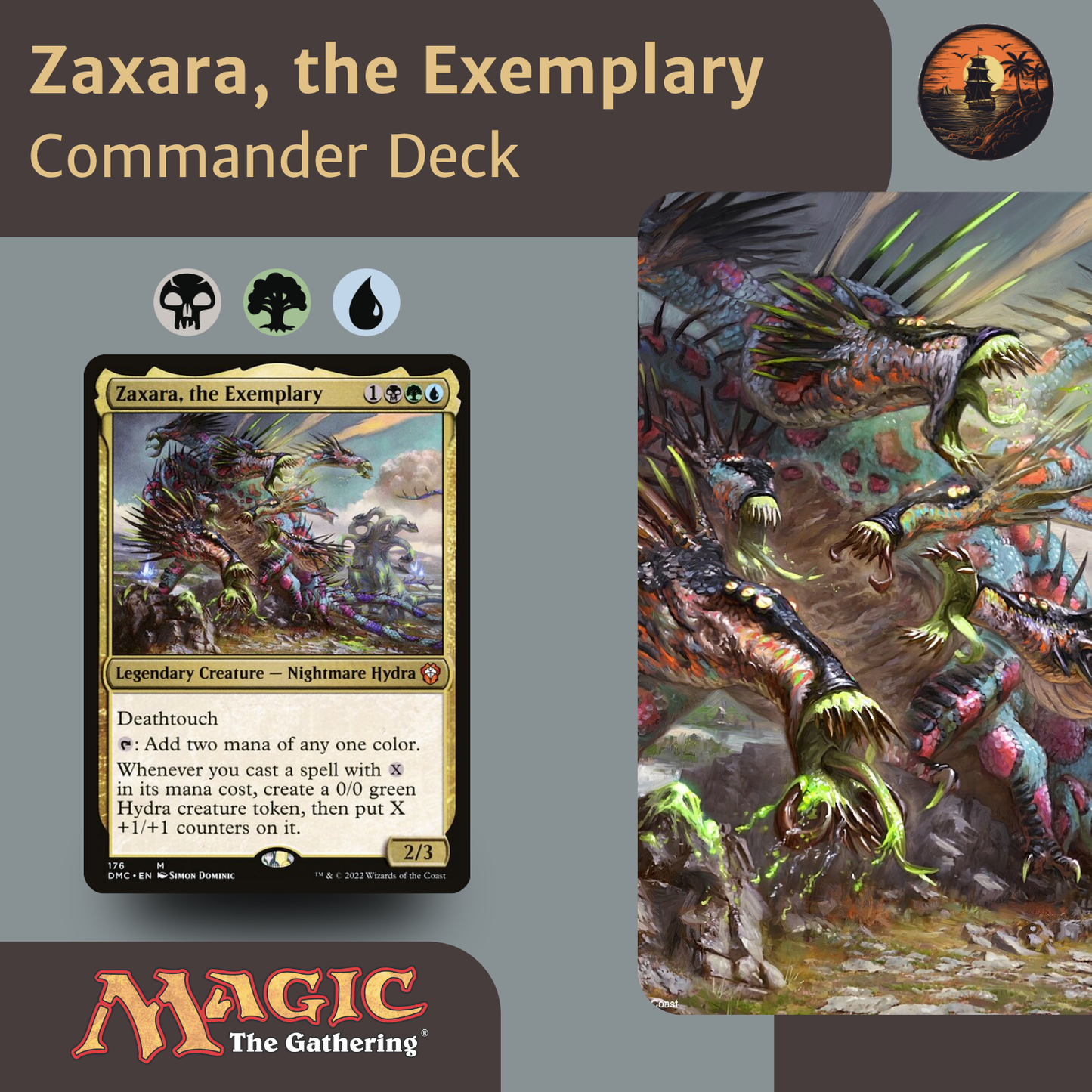 Card featuring Zaxara, the Exemplary with artwork of a dragon-like creature on a gray background.