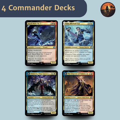 Four card packs from a trading card game on a light blue background