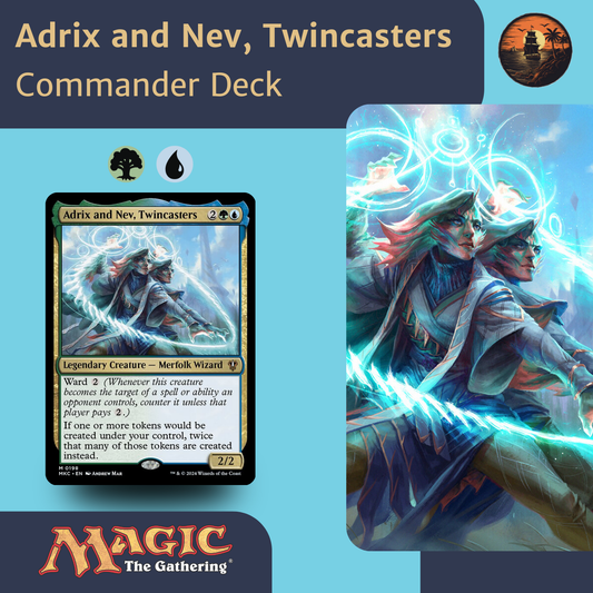 Card featuring 'Adrix and Nev, Twincasters' from 'Magic: The Gathering' with artwork on a blue background.