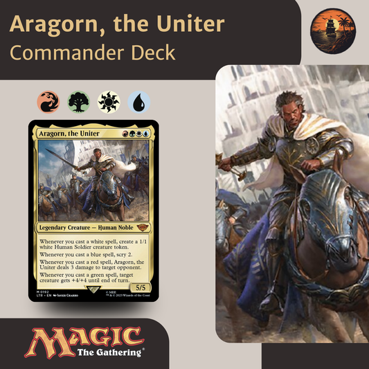 Aragorn, the Uniter Commander Deck for Magic: The Gathering with character illustration and card.