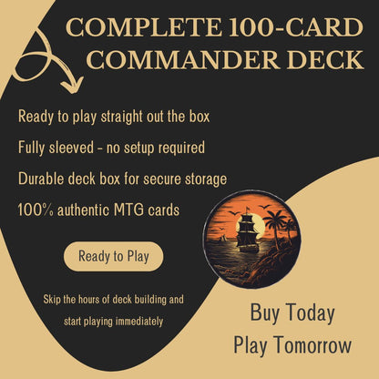 Advertisement for a complete 100-card Commander deck with scenic design and text on a black and beige background.