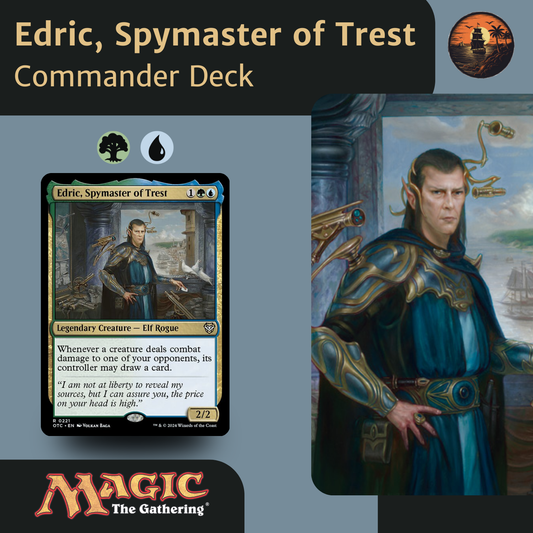 Edric, Spymaster of Trest Commander Deck packaging with card and character illustration.
