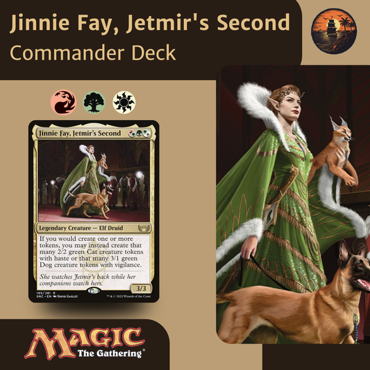 Card featuring Jinnie Fay, Jetmir's Second from 'Magic: The Gathering' with character illustration.