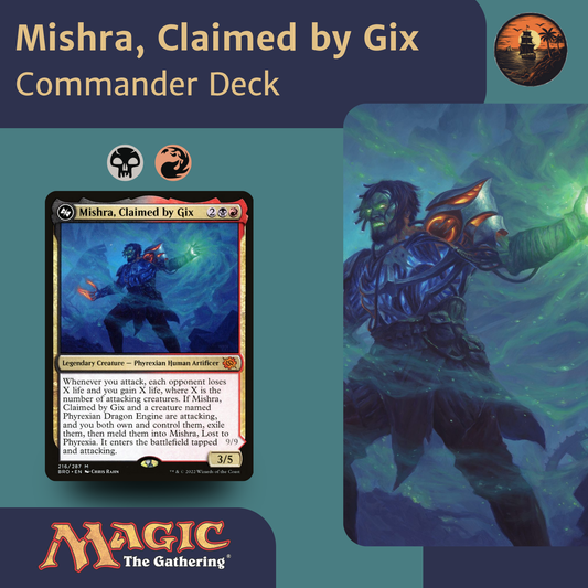 Card featuring 'Mishra, Claimed by Gix' from 'Magic: The Gathering' with character illustration on a blue background.