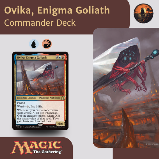 Ovika, Enigma Goliath card from Magic: The Gathering with game piece and promotional text.