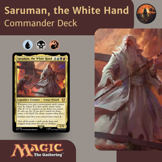 Saruman, the White Hand card from Magic: The Gathering with character illustration on a brown background