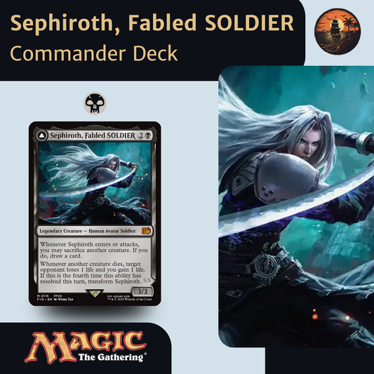 Sephiroth card from 'Magic: The Gathering' with character illustration on a light blue background