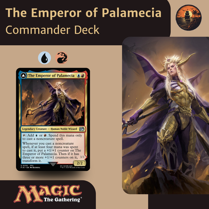 Card featuring 'The Emperor of Palamecia' from 'Magic: The Gathering' with character illustration on a beige background.