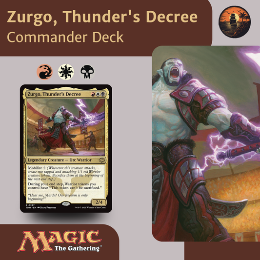 Card featuring 'Zurgo, Thunder's Decree' from 'Magic: The Gathering' with game icons and text.